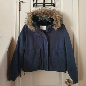 Y2K Style Aeropostale Navy Blue Faux Fur Lined Hooded Bomber Utility Jacket L